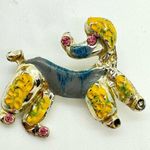 Vintage? Playful Poodle Dog Enamel Brooch Lapel Pin Pink Crystals Gray Yellow Photo 1