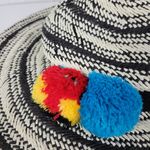 Hinge Two Tone Panama Hat Black White Wide Brim Woven Straw Pom Pom Summer NWOT Photo 12
