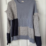 Hem & Thread Blue & Grey Colorblock Patchwork Fringe Knit Crewneck Sweater Photo 0
