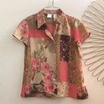 90s Vintage Whimsy Fairy Cottagecore Patchwork Floral Button Shirt Top Blouse Tie Back Fitted Pink Brown #Whimsi #OfficeSiren #whimsical Size 6P Photo 0