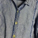 John Mark  Button Up Linen Top Women's 1X Blue White Stripe Roll‎ Tab Fringe Photo 4