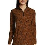 Lands’ End Women's Fleece Quarter Zip Pullover Size Large Burnt Caramel Leopard Orange Photo 6