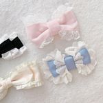 Japanese Kawaii Lolita Pastel Pink Blue Lace Velvet Ribbon Hair Bow Clip Set Photo 2