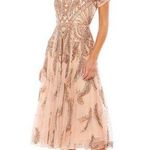 Mac Duggal 5434 Short Sleeve Apricot Beaded A-Line Tea Length Dress Size 8 NWT Photo 1