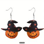 1 Pair Halloween Pumpkin Gentleman Earrings with Black Witch Hat, Acrylic Drop Photo 0