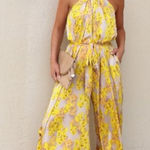 Aakaa  Yellow HOLTZ SATIN PRINTED HALTER JUMPSUIT Large NWT Photo 0