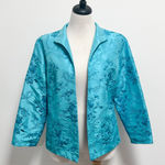 Grace Chuang Turquoise Blue Satin Floral Embroidered Open Front Short Jacket Size L Photo 0