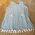 Tahari  Linen Sleeveless Tassel Hem Aqua White Stripe Swim Cover Dress Sz LARGE Photo 0