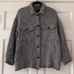 ZARA  Shacket Oversized Jacket Houndstooth Tweed Blue Fringe‎ Size Small Blazer Photo 3