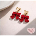 Gold Heart Stud Red Velvet Bow Dangle Earrings Coquette Valentine NWT Photo 2
