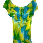 Cameo Off the Shoulder Waterfall Ruffle Drape Tie Dye Top Smocked 2X Yellow Green Blue Photo 13