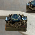 Vintage Silver Tone Blue Opal Stone Leaf Design Clip On Earrings Photo 3