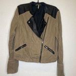 Free People Linen Faux Leather Moto Jacket Zipper Snaps Sz 12 Black Tan Women’s Photo 0