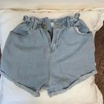 Plaid & Plain Medium Elastic Waist Paper Bag High Rise Denim Shorts Blue Photo 1