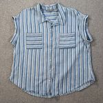 Sharagano Striped Button Front Top Women's Large Blue/White Pockets Collared Photo 0