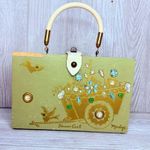 Vintage unique wooden cigar box hand clutch purse jeweled flower cart Madge Green Photo 1