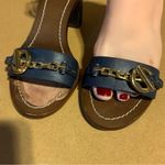 Tory Burch NAVY BLUE W/GOLD BUCKLE LEATHER SNAKESKIN-EMBOSSED HEELED SANDALS (6) Photo 9