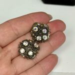 Antique AB Rhinestone Filigree Brooch + Clip On Earrings Set Germany 1920s Gold Photo 2
