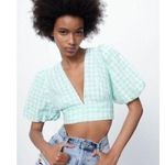 ZARA NWT Gingham Open Back Cropped Blouse Blue Medium Vacation Summer Resortwear Photo 0