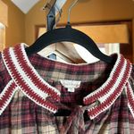 Hem & Thread  Maroon Brown Plaid Bubble Sleeve Flannel Top Crochet Knit Sz Small Photo 1