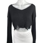 Urban Outfitters  Womens Black Rib Knit Long Sleeve Distressed Crop Sweater Top M Photo 0