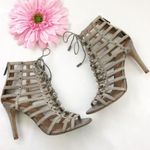 Joie  Rhoda Cage Suede Leather Stiletto Heeled Sandals: Dove/Taupe Photo 1