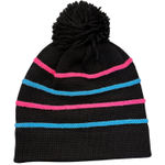 Vintage 80s Black Wool Ski Hat Neon Pink Blue Stripes Pom Pom Photo 0