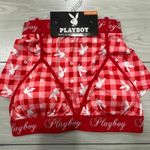 Playboy NWT  red and white plaid bra and boyshort set with bunny logos size mediu Photo 0