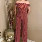 Red And White Striped Off The Shoulder Form Fitting Jumpsuit Size M Photo 1