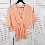 Mustard Seed  Deep V Neck Bat Wing Peplum Blouse Peach Small Photo 9
