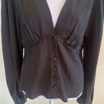 frame denim Frame Black Empire Pleat Silk Long Sleeve V Neck Top Blouse Size Medium NWT Photo 2