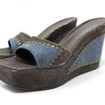 Stuart Weitzman denim and faux wood wedge slides, size 8.5/9 Photo 0