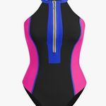 NEW 1 Pc Swimsuit Zipper Tummy Control Rash Guard Swimming M Black Size M Photo 6