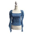 Reformation  Pinto Smocked Square Neck Long Sleeve Blouse Top Floral Blue Medium Photo 3
