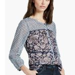 Lucky Brand Blouse S Mixed Print Peasant Sheer Metallic Stripe Floral Peasant Photo 0