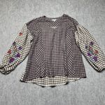 easel Anthropology Los Angeles Boho Tan Gingham Embroidered Sleeve Top Womens Sm Photo 1