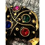 Vintage Elephant Brooch Pin Black Enamel Rhinestones Gold Tone Trunk Up 2" Photo 1