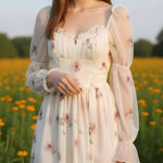 Chic Floral Long Sleeve Dress Size S Tan Photo 0