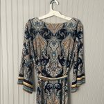 Studio One Blue Tan Paisley Dress with Bell Sleeves & Tie Belt | Large Photo 5