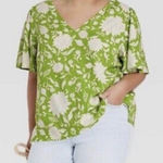 Ava & Viv Lime Green White Floral Linen Blend Rayon Blouse Photo 0
