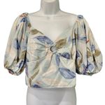 Abercrombie & Fitch  Blue White Green Floral Smocked Puff Sleeve Crop Top size L Photo 0