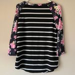 SheIn Black White Striped 3/4 Sleeve Shirt with Floral Sleeves Blouse Top Office Photo 2