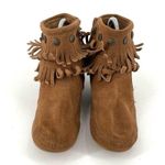 Minnetonka Western Double Fringe Suede Taupe Brown Side Zip Ankle Bootie Boot Photo 4