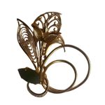 Mid Century Western Germany Gold Tone Filigree Green Jade Floral Brooch Women’s Photo 1