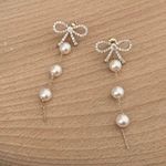 Elegant Bow White Pearl Dangle Drop Earrings for Women Gold Photo 0