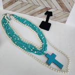 Statement Turquoise Seed Bead and Faux Pearl Necklace Cross Pendant Set Blue Photo 5
