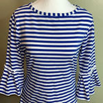 sara campbell blue white striped 3/4 pleated bell sleeve top Size M Photo 1