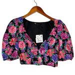 ZARA NWT  Floral Cropped Top Plunging Neck Puff Half Sleeves S Black Pink Purple Photo 12