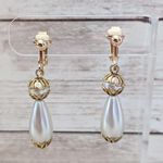 Vintage Clip On Earrings Faux Pearl Dangle Gold Photo 0