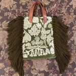 Anthropologie  Beaded Fringe Hem Bag Green Ivory Crochet Hand Tote Boho Cottage Photo 1